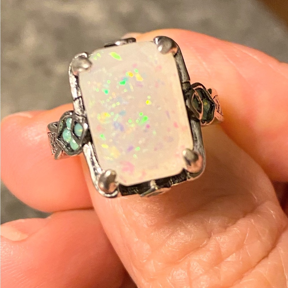 Silver Plated Synthetic Opal Statement Ring with Green Accent Stones - Size 7.5